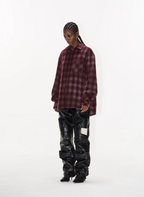 BLIND NO PLAN Washed Aged Cross Horse Patch Plaid Long Sleeve Shirt