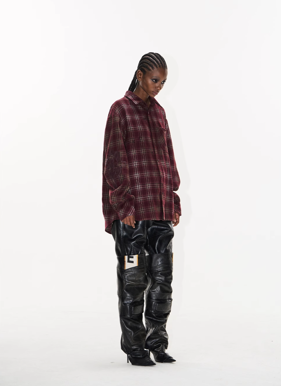 BLIND NO PLAN Washed Aged Cross Horse Patch Plaid Long Sleeve Shirt