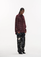 BLIND NO PLAN Washed Aged Cross Horse Patch Plaid Long Sleeve Shirt