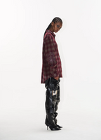 BLIND NO PLAN Washed Aged Cross Horse Patch Plaid Long Sleeve Shirt