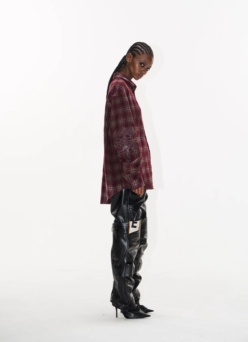 BLIND NO PLAN Washed Aged Cross Horse Patch Plaid Long Sleeve Shirt