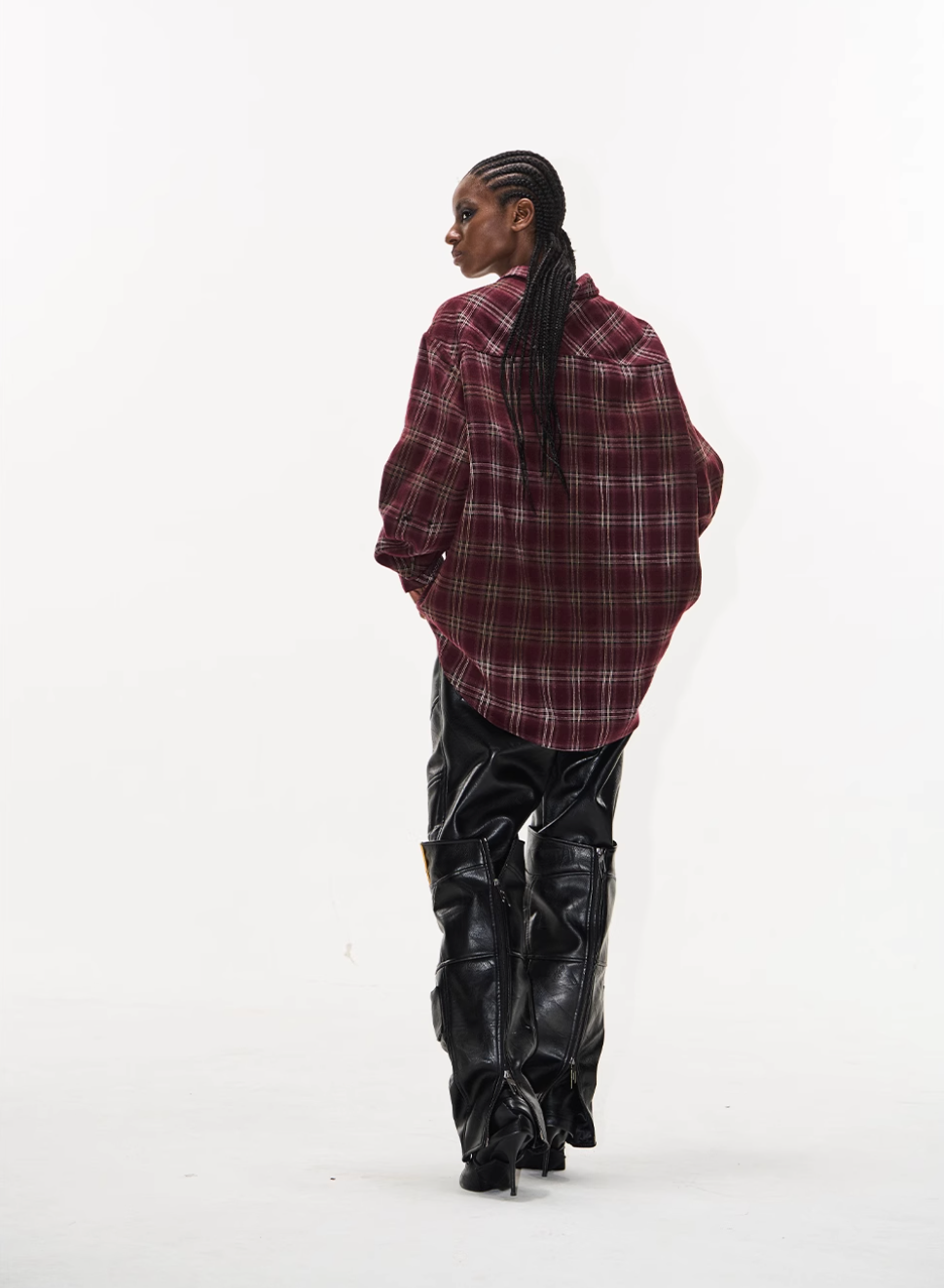 BLIND NO PLAN Washed Aged Cross Horse Patch Plaid Long Sleeve Shirt