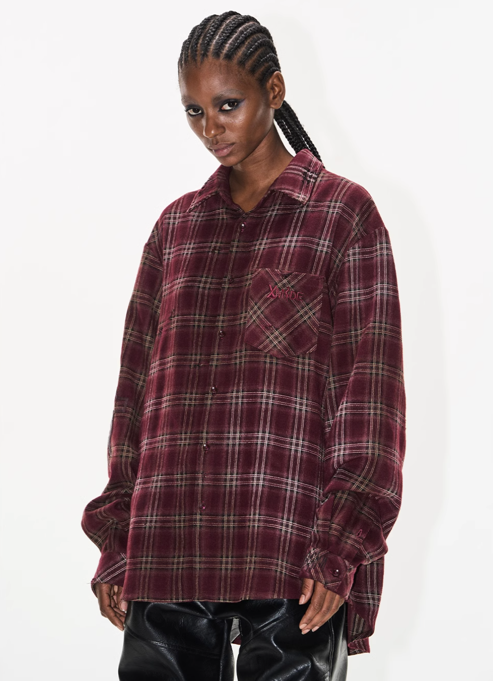 BLIND NO PLAN Washed Aged Cross Horse Patch Plaid Long Sleeve Shirt