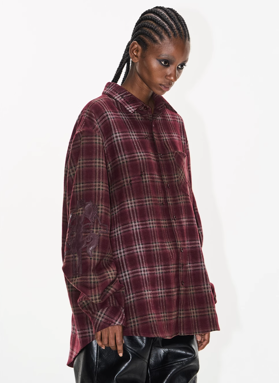 BLIND NO PLAN Washed Aged Cross Horse Patch Plaid Long Sleeve Shirt