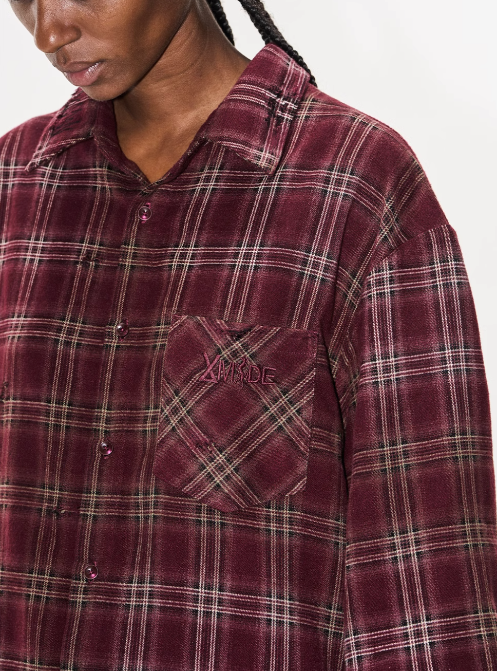 BLIND NO PLAN Washed Aged Cross Horse Patch Plaid Long Sleeve Shirt