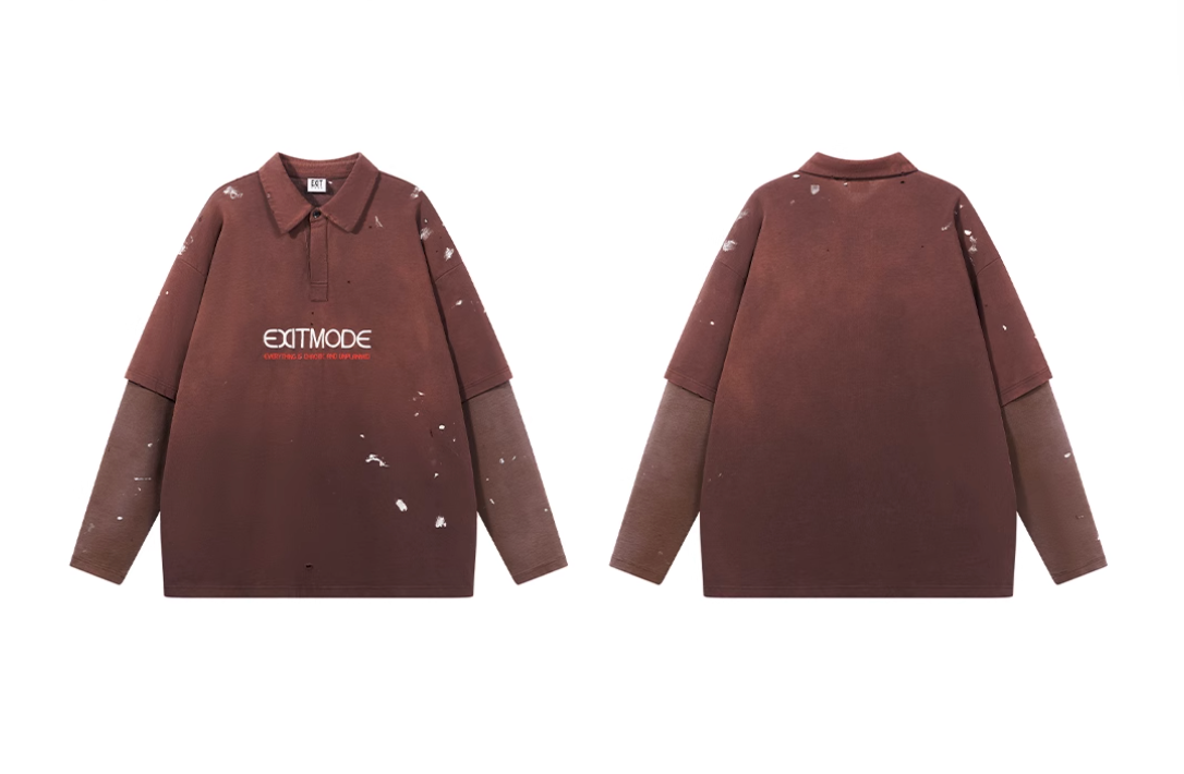BLIND NO PLAN Ink Splash Double-Layer Washed Long-Sleeve Polo