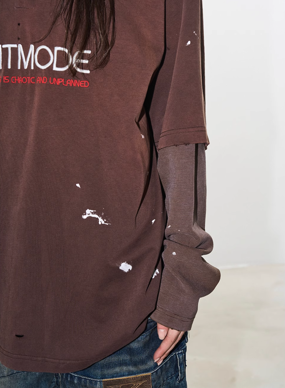 BLIND NO PLAN Ink Splash Double-Layer Washed Long-Sleeve Polo