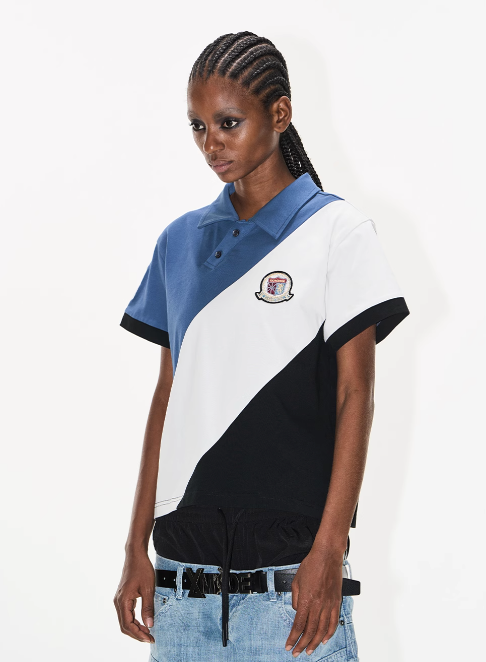 BLIND NO PLAN Three-Color Diagonal Patchwork Polo