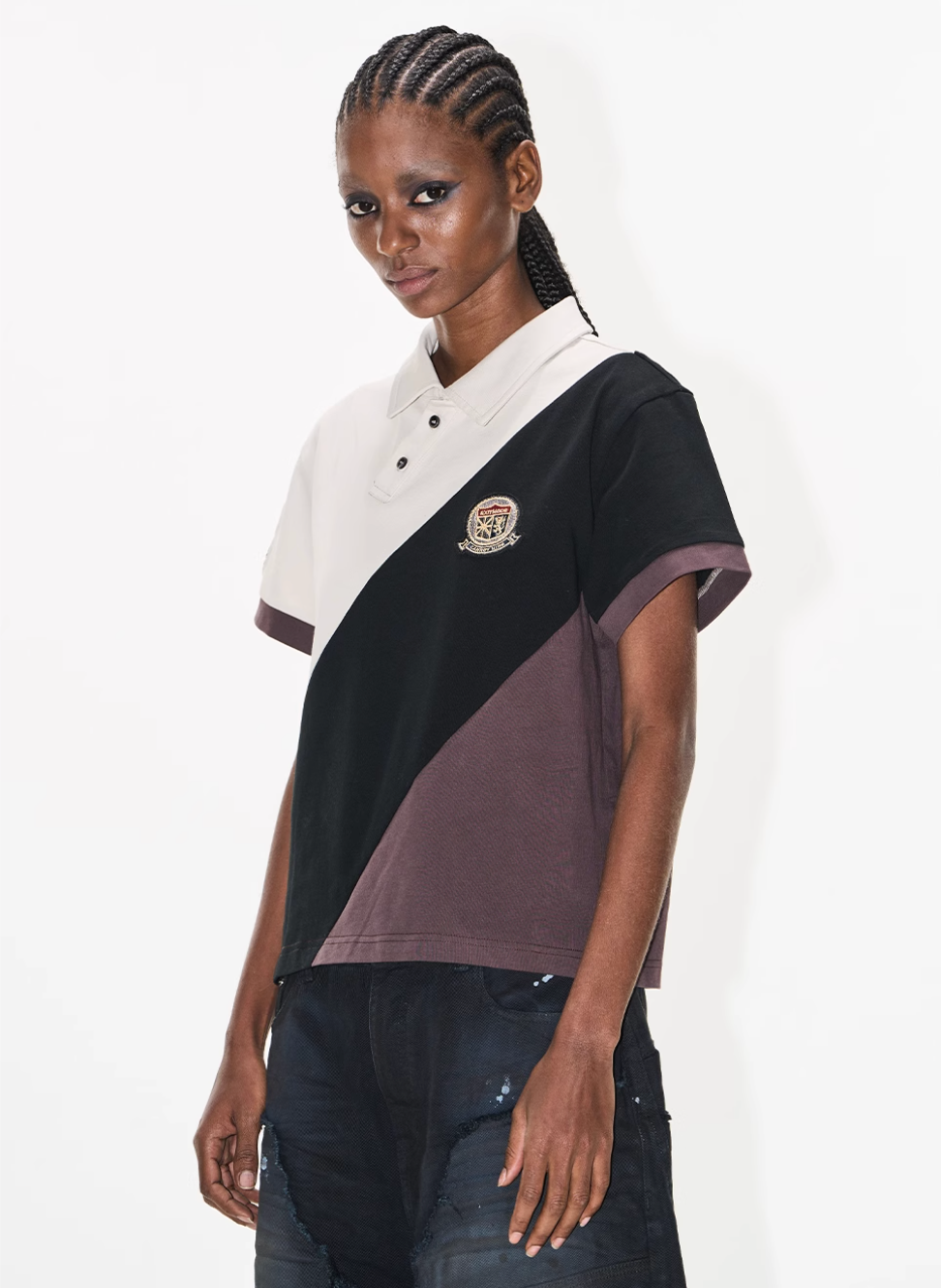 BLIND NO PLAN Three-Color Diagonal Patchwork Polo
