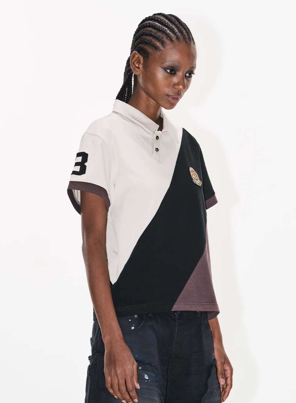 BLIND NO PLAN Three-Color Diagonal Patchwork Polo