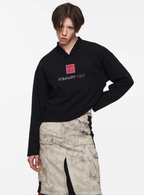 BLIND NO PLAN V-Neck Washed Print Long Sleeve Tee