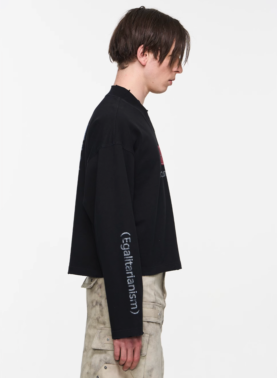 BLIND NO PLAN V-Neck Washed Print Long Sleeve Tee