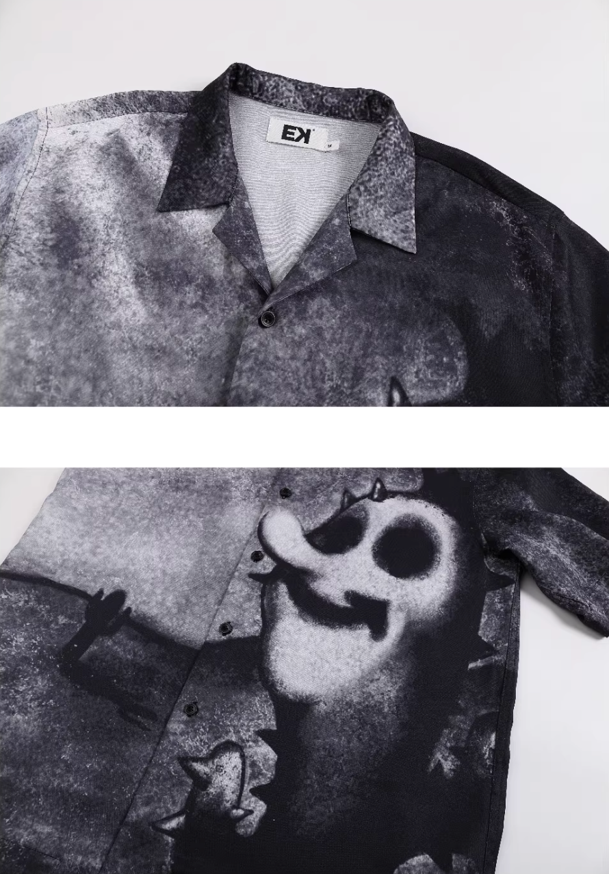 EVILKNIGHT(EK) Full-Print Graffiti Portrait Cuban Shirt