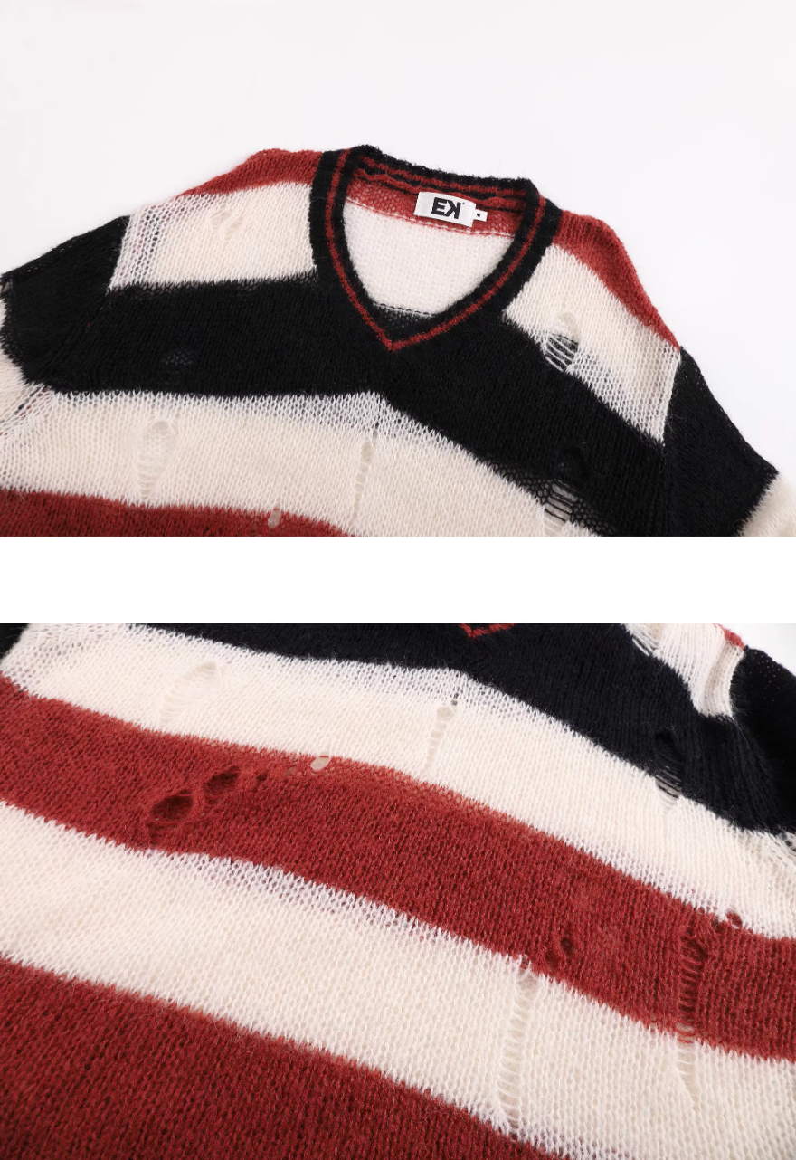 EVILKNIGHT(EK) Striped Colorblocking Distressed V-Neck Knit Sweater