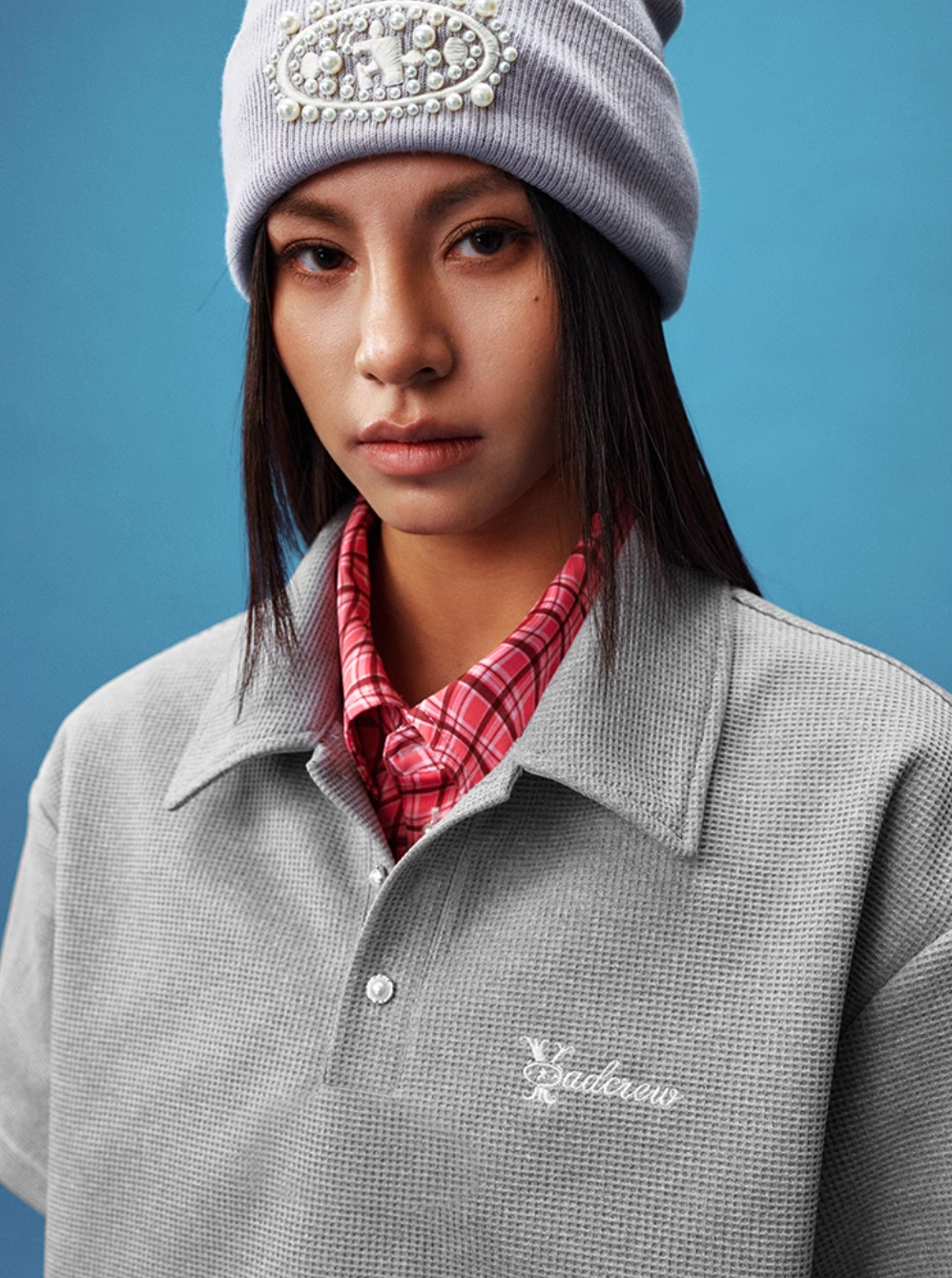 YADcrew Double Collar Layered Twisted Plaid Polo