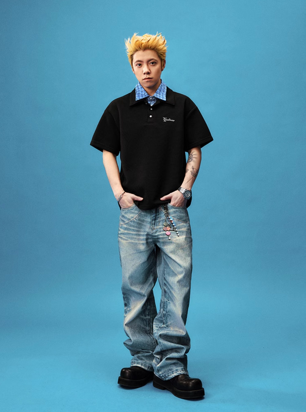 YADcrew Double Collar Layered Twisted Plaid Polo