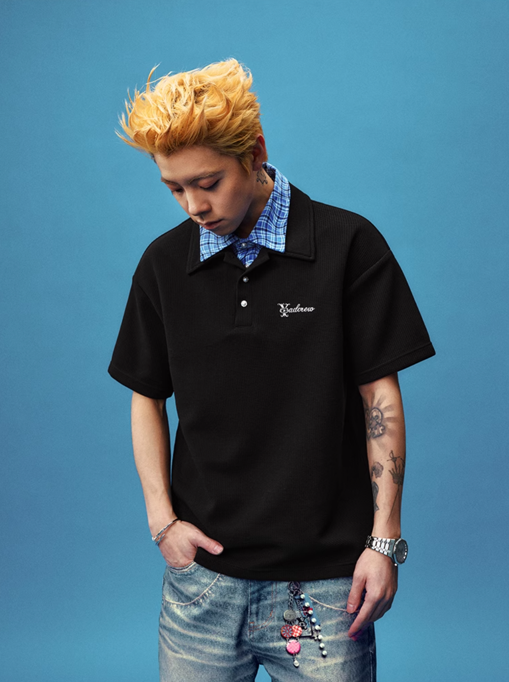 YADcrew Double Collar Layered Twisted Plaid Polo