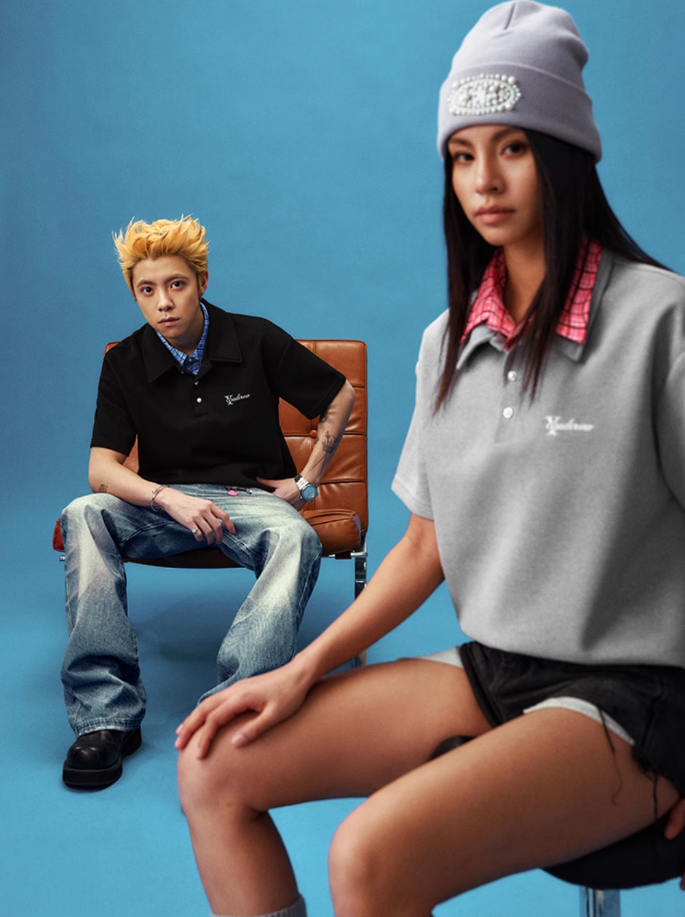 YADcrew Double Collar Layered Twisted Plaid Polo