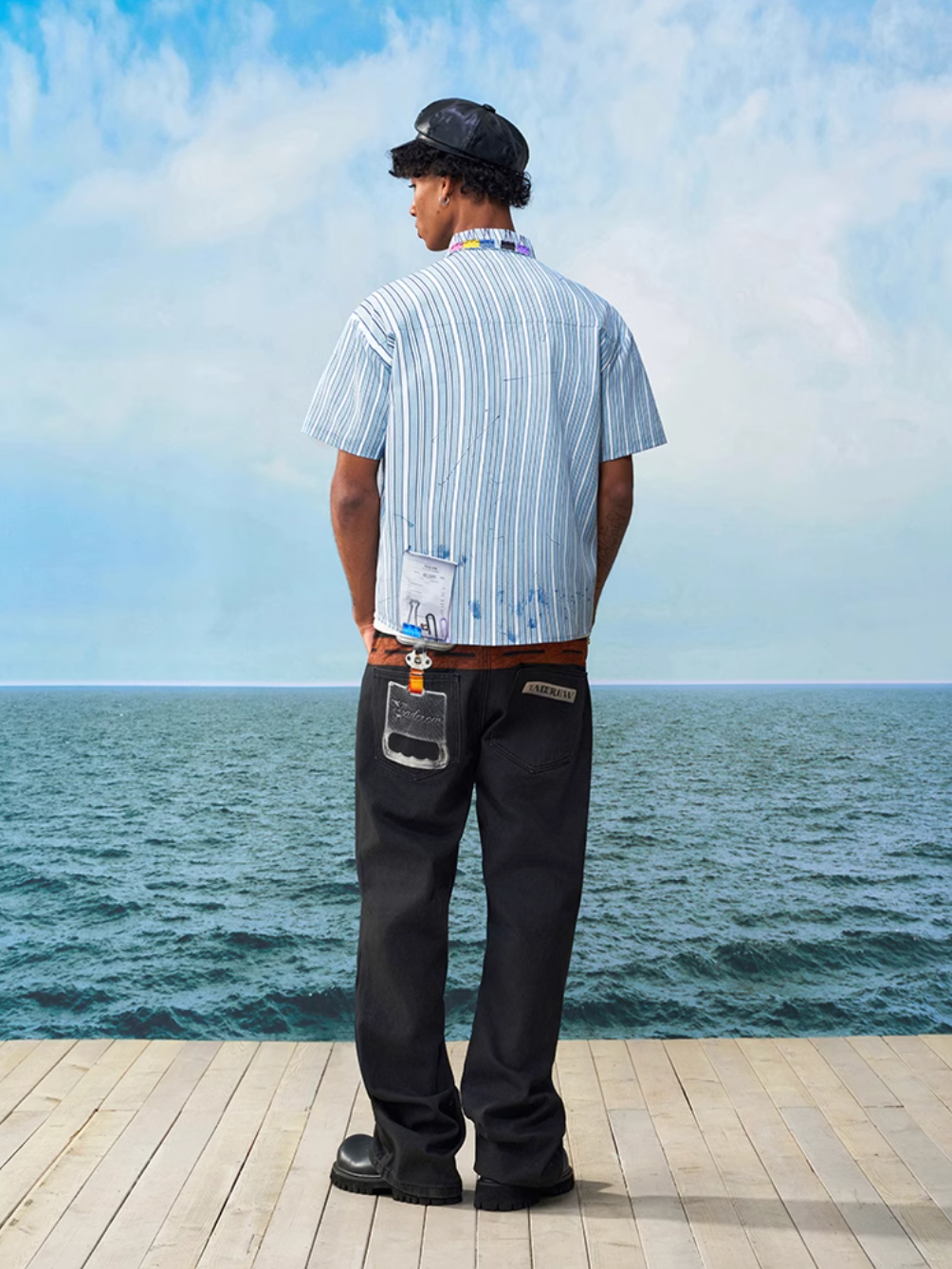 YADcrew Wavy Stripe Tie-Print Short Sleeve Shirt