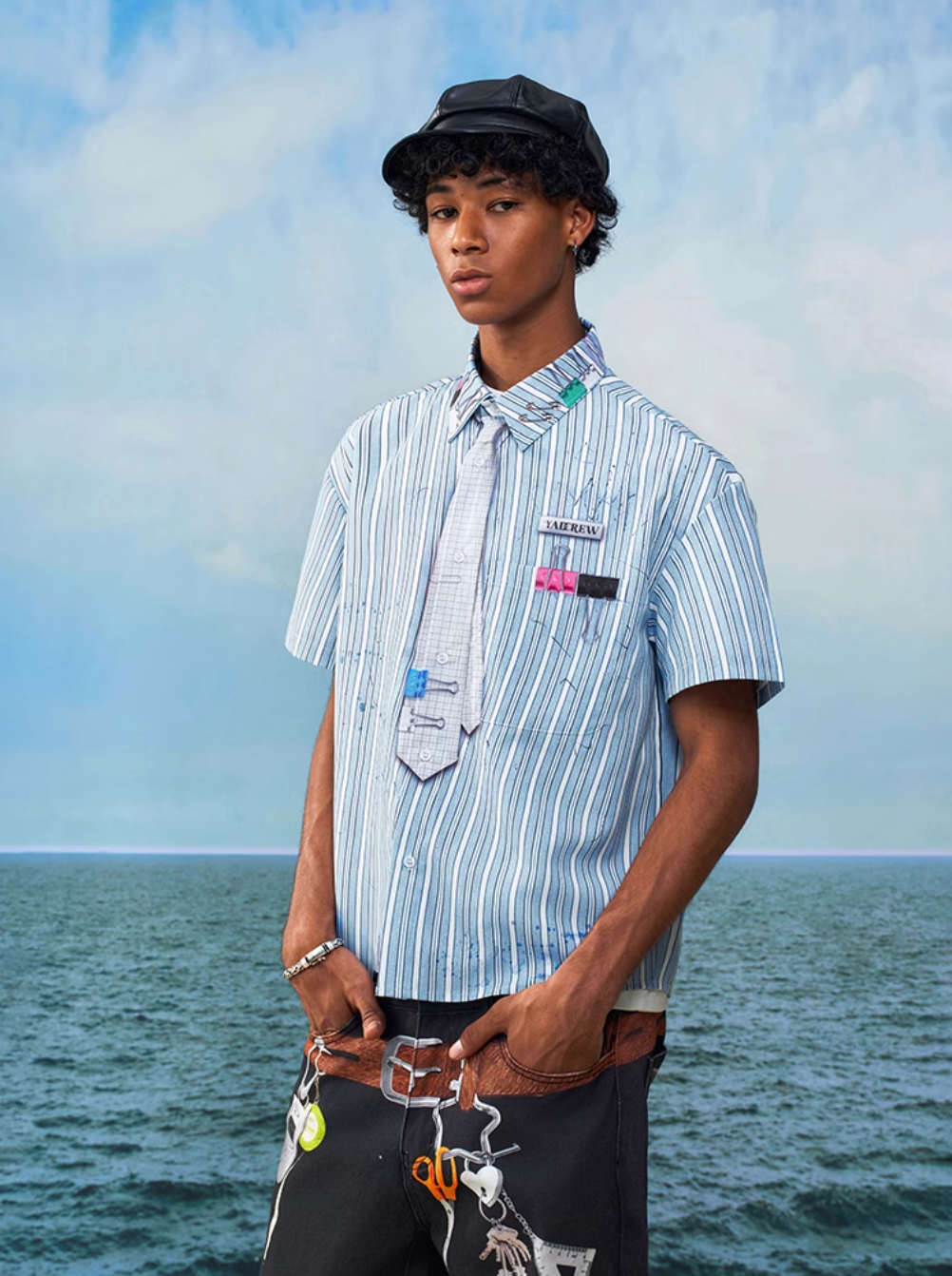 YADcrew Wavy Stripe Tie-Print Short Sleeve Shirt