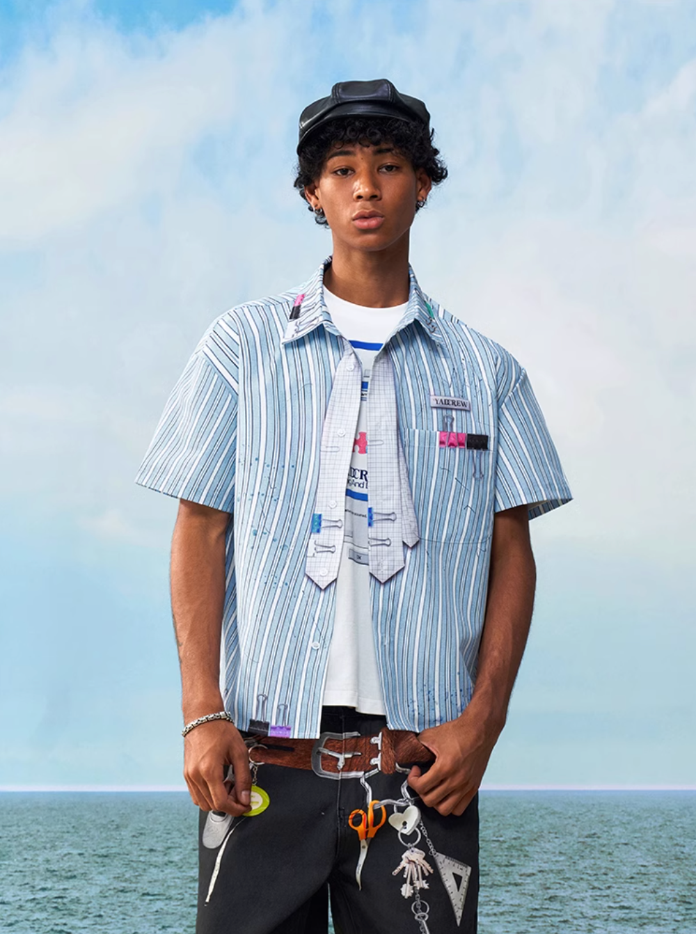 YADcrew Wavy Stripe Tie-Print Short Sleeve Shirt
