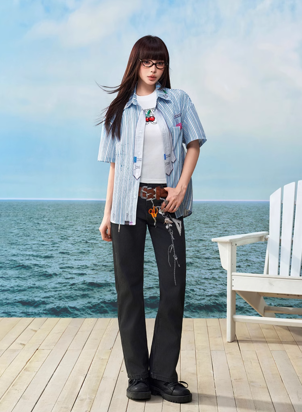 YADcrew Wavy Stripe Tie-Print Short Sleeve Shirt