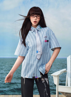 YADcrew Wavy Stripe Tie-Print Short Sleeve Shirt