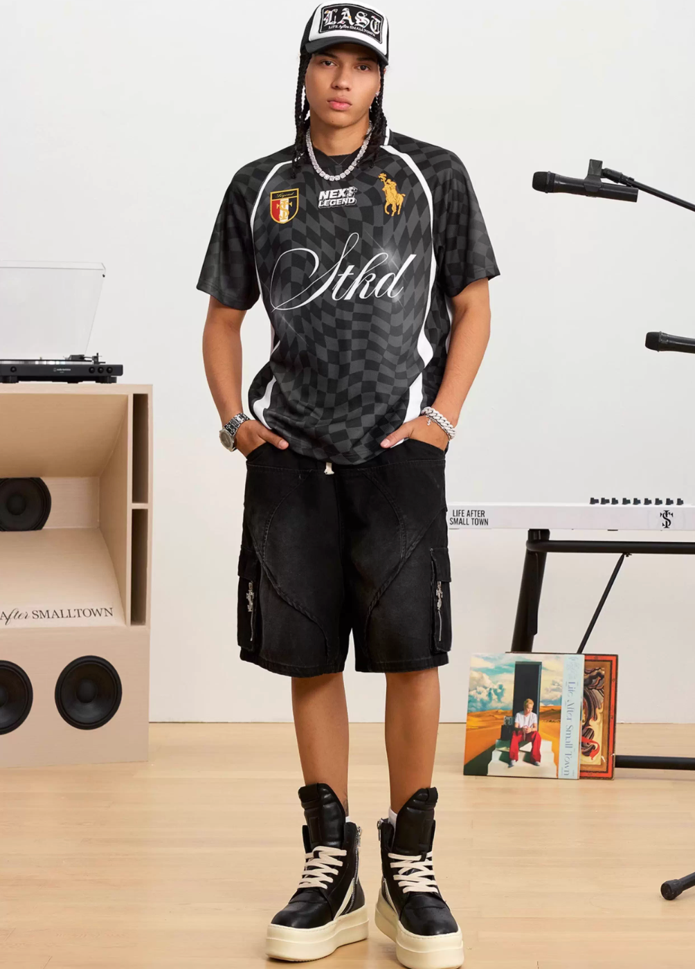 Small Town Kid Twisted Plaid Patchwork Polo Jersey