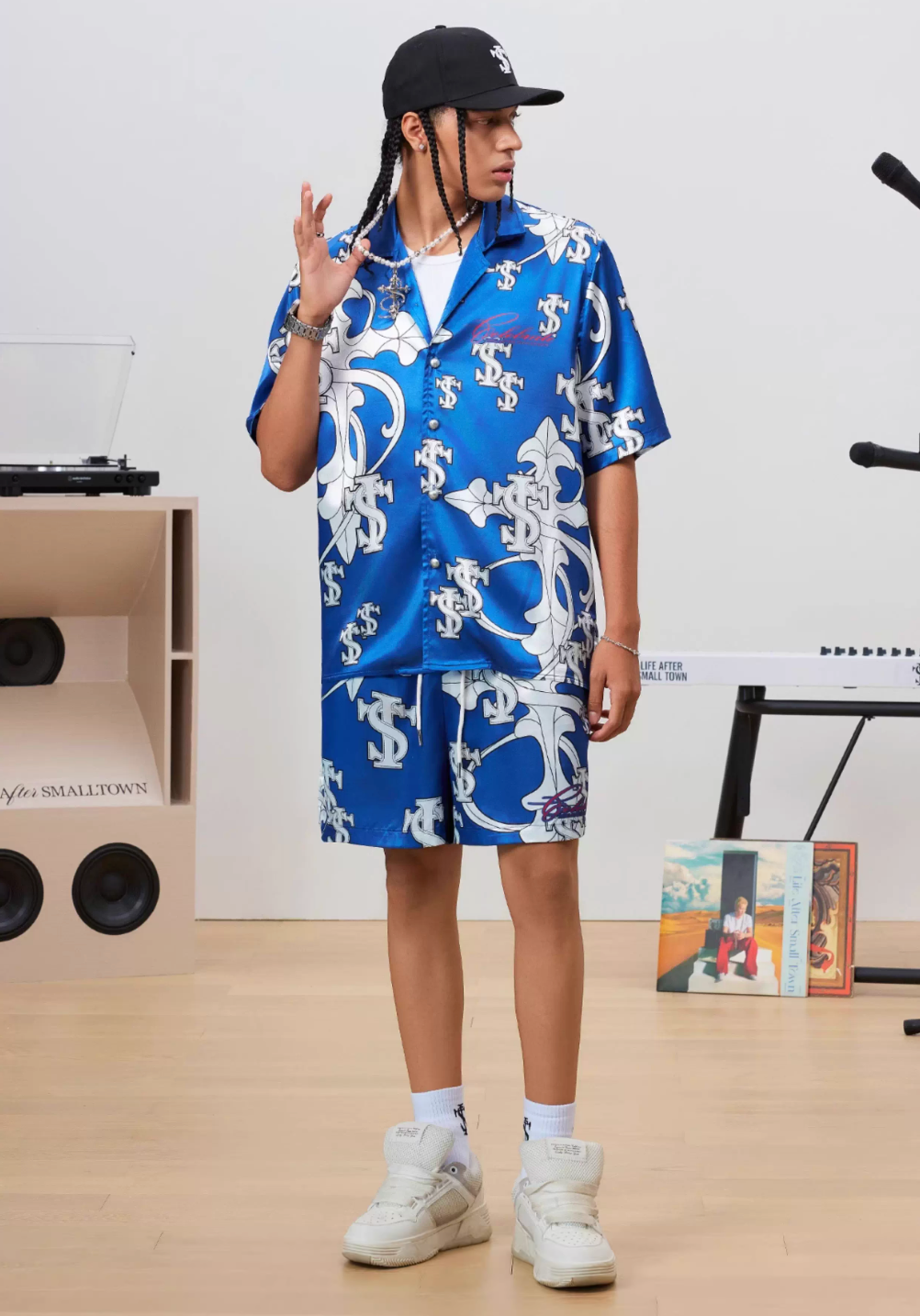 Small Town Kid Monogram Cross Logo Satin Cuban Shirt Set