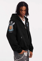 Small Town Kid Turquoise Studded Badge Embroidered Zip-Up Hoodie