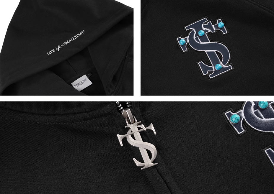 Small Town Kid Turquoise Studded Badge Embroidered Zip-Up Hoodie