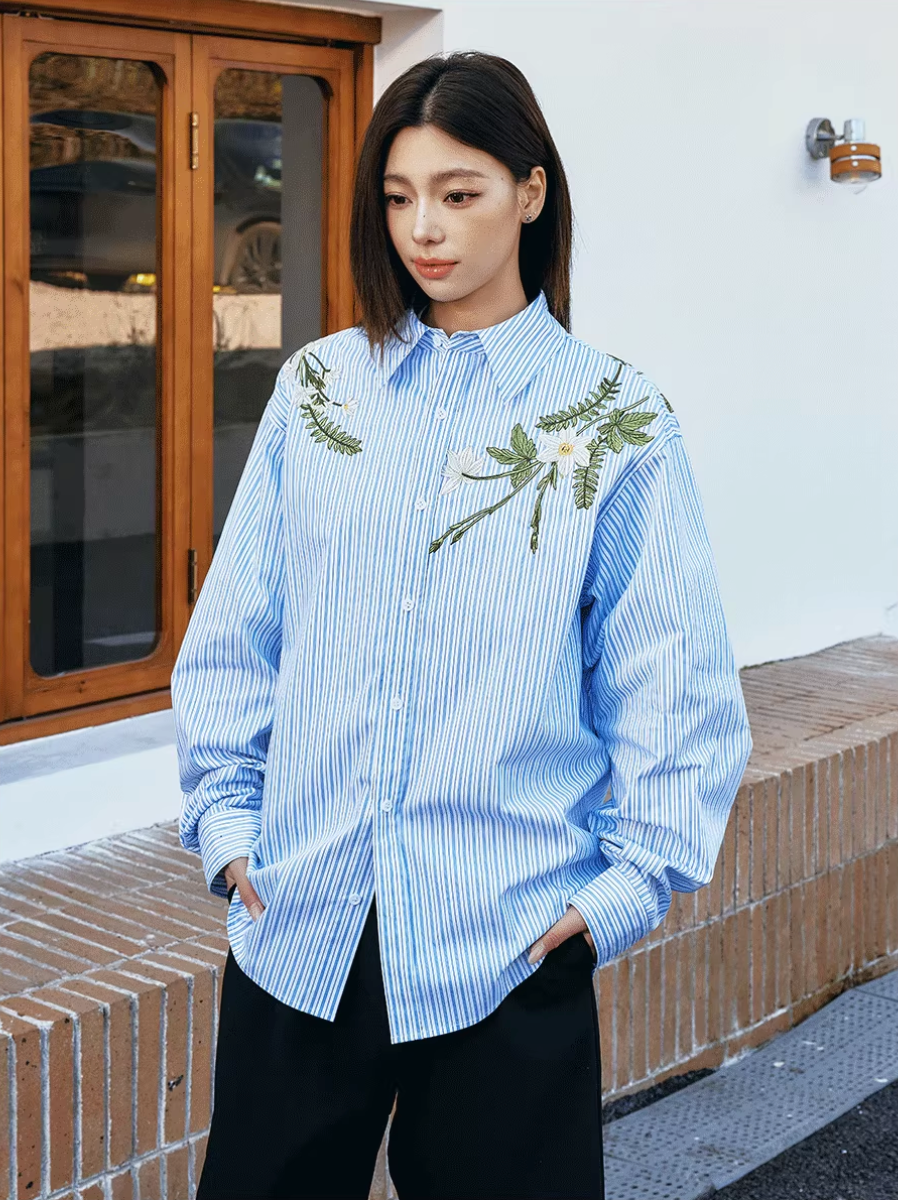 Harsh and Cruel Striped Floral Embroidered Long Sleeve Shirt