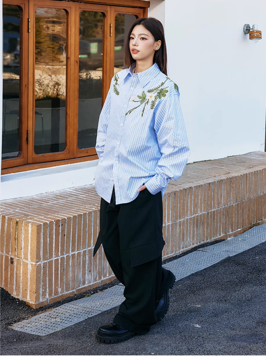 Harsh and Cruel Striped Floral Embroidered Long Sleeve Shirt