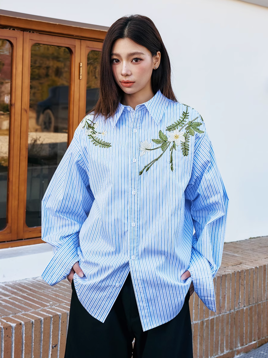 Harsh and Cruel Striped Floral Embroidered Long Sleeve Shirt