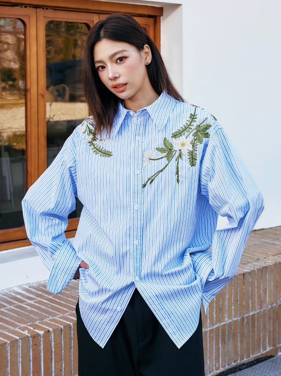 Harsh and Cruel Striped Floral Embroidered Long Sleeve Shirt