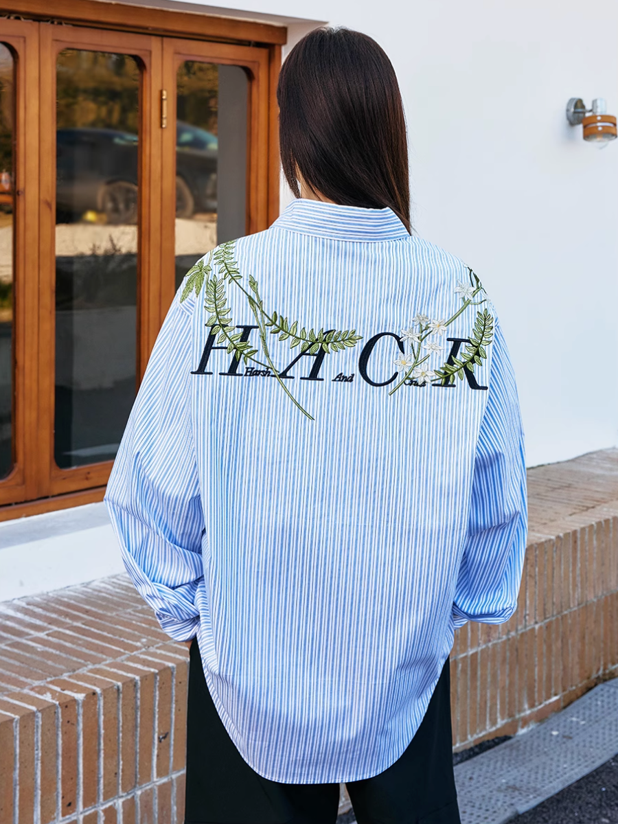 Harsh and Cruel Striped Floral Embroidered Long Sleeve Shirt