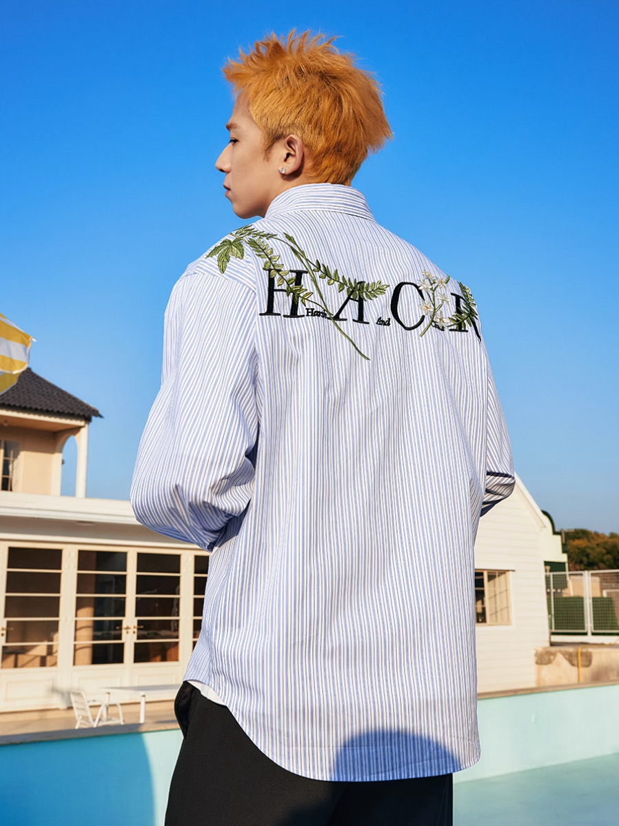 Harsh and Cruel Striped Floral Embroidered Long Sleeve Shirt