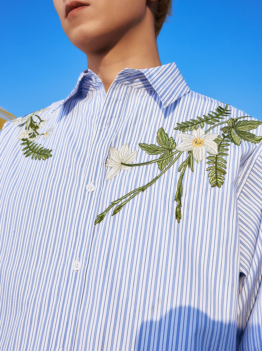 Harsh and Cruel Striped Floral Embroidered Long Sleeve Shirt