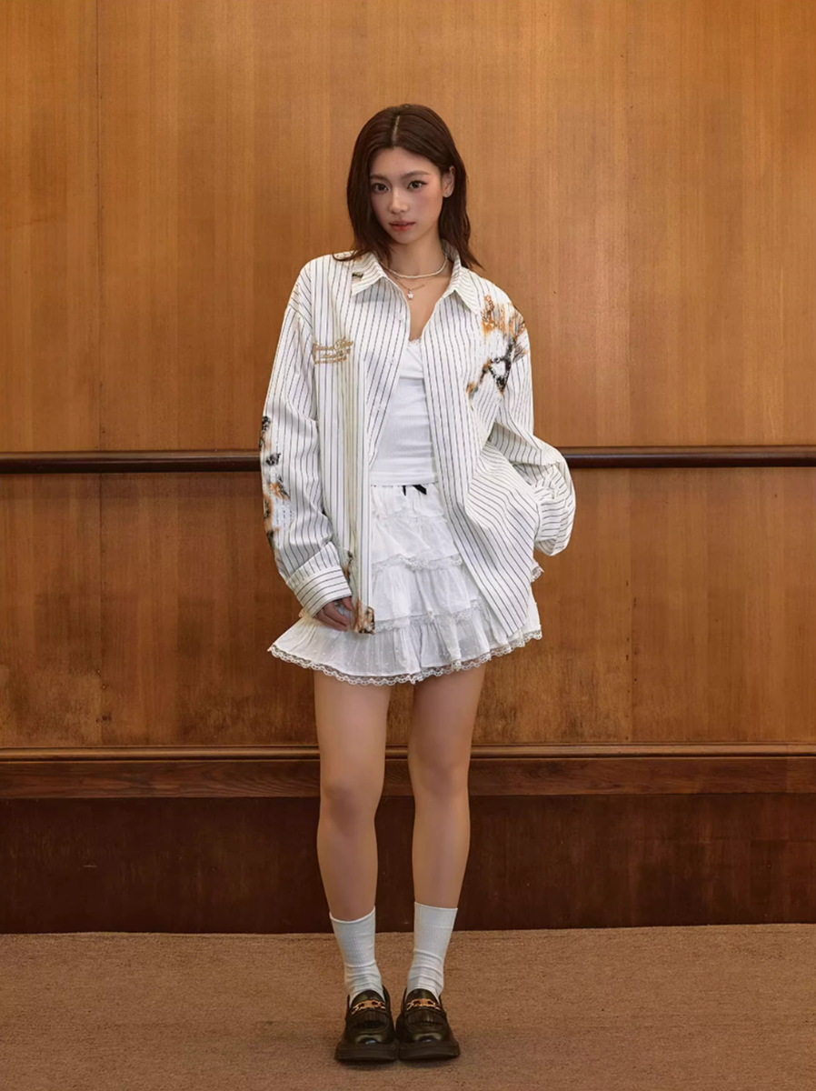 Harsh and Cruel Burnout Lace Embroidered Striped Long Sleeve Shirt
