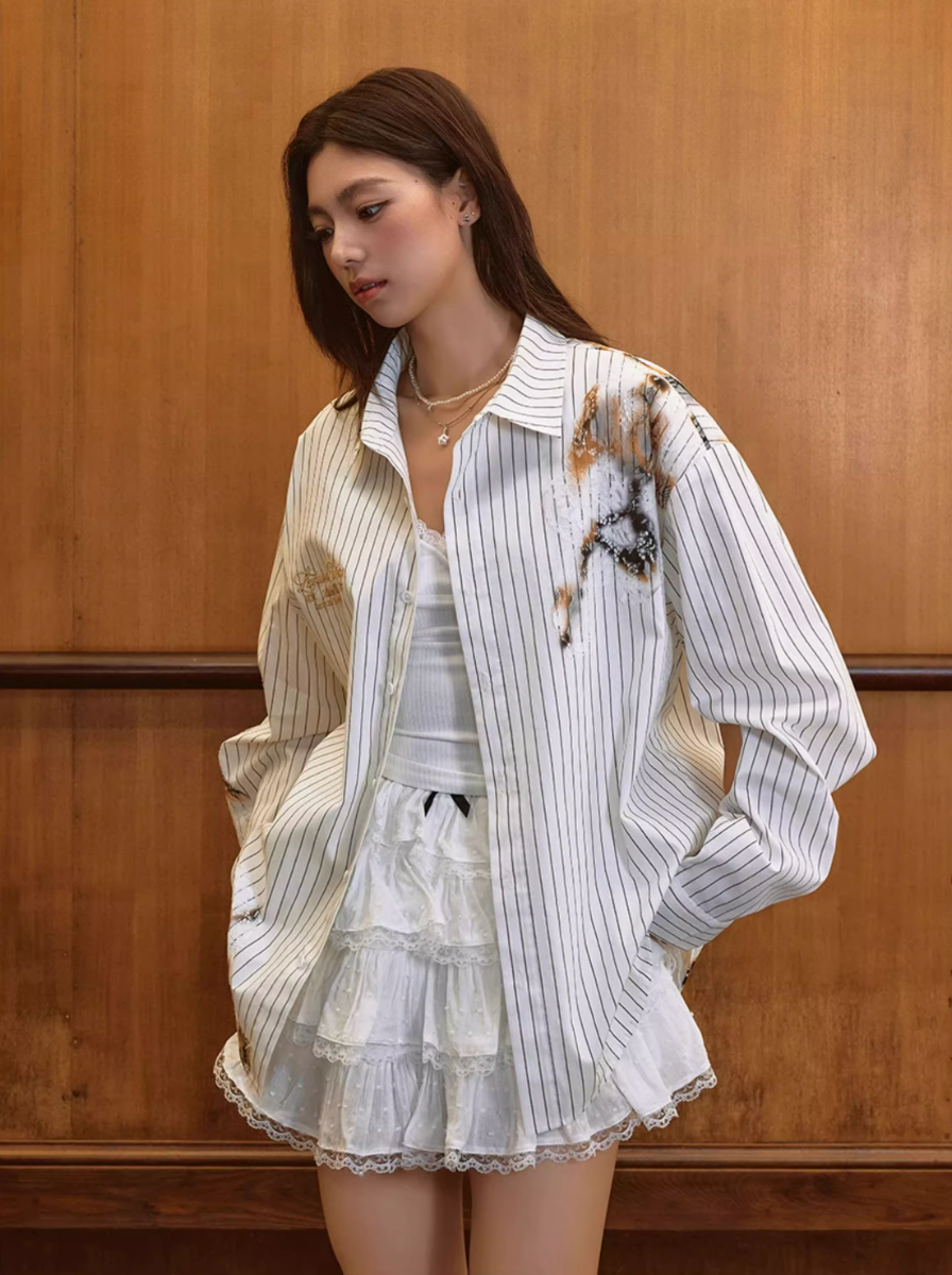Harsh and Cruel Burnout Lace Embroidered Striped Long Sleeve Shirt