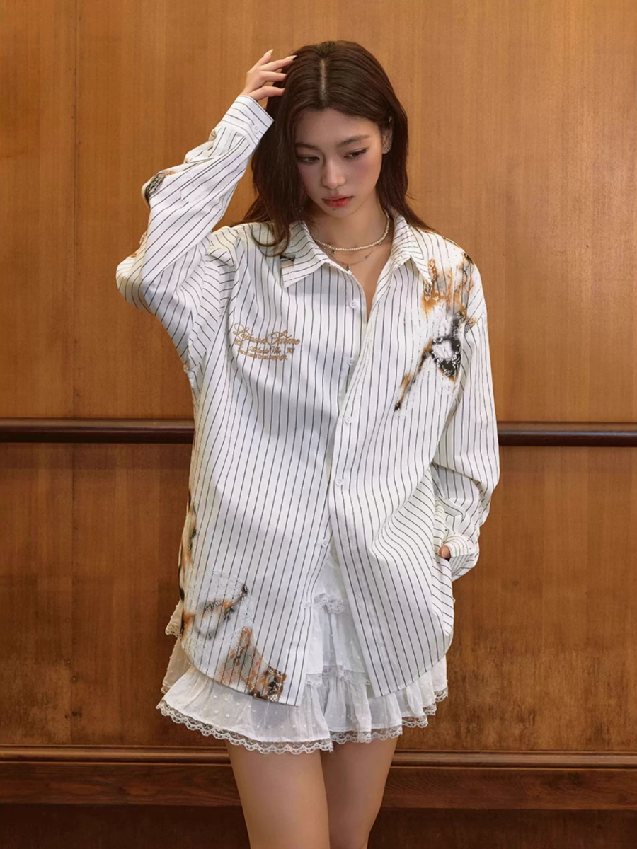 Harsh and Cruel Burnout Lace Embroidered Striped Long Sleeve Shirt