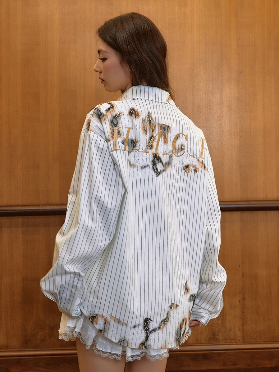Harsh and Cruel Burnout Lace Embroidered Striped Long Sleeve Shirt
