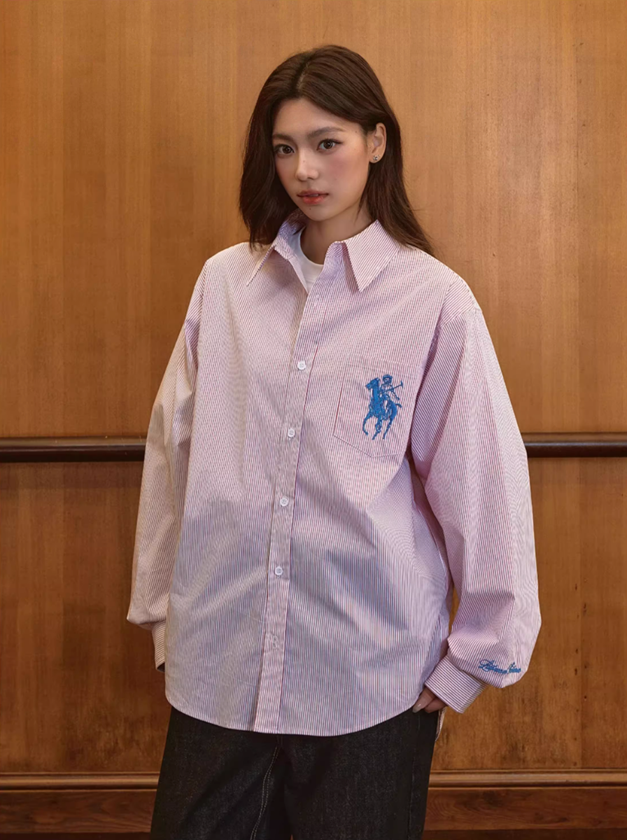Harsh and Cruel Vintage Embroidered Striped Loose Long Sleeve Shirt