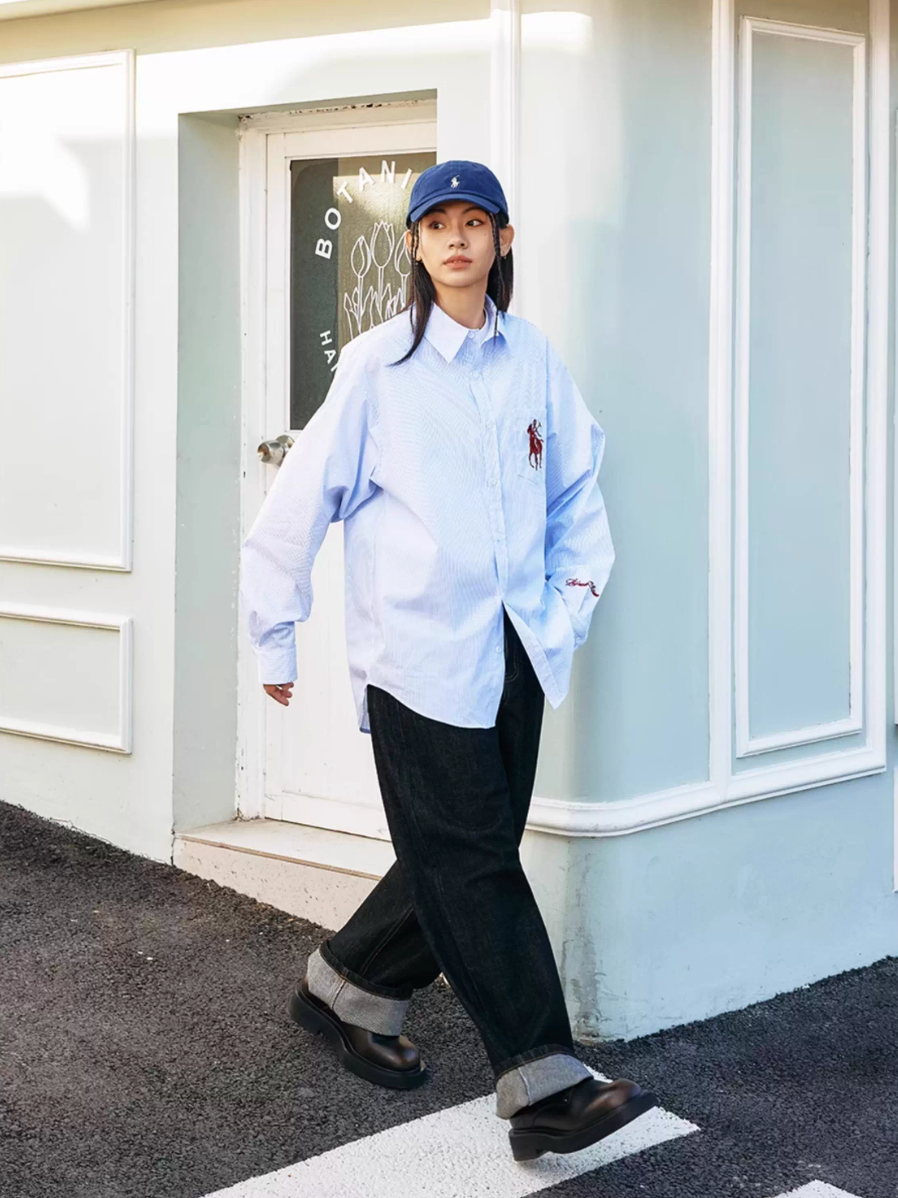 Harsh and Cruel Vintage Embroidered Striped Loose Long Sleeve Shirt