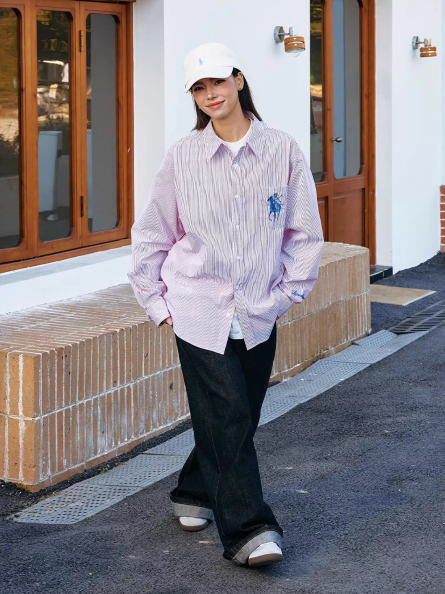 Harsh and Cruel Vintage Embroidered Striped Loose Long Sleeve Shirt
