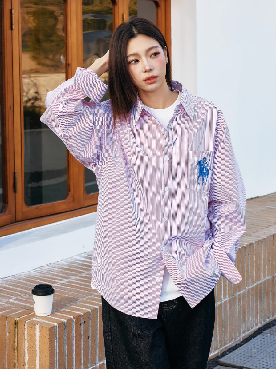 Harsh and Cruel Vintage Embroidered Striped Loose Long Sleeve Shirt