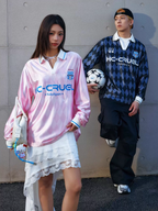 Harsh and Cruel Badge Embroidered Plaid Long Sleeve Polo Jersey