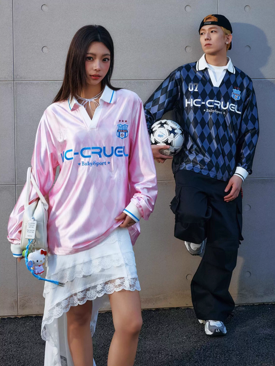 Harsh and Cruel Badge Embroidered Plaid Long Sleeve Polo Jersey