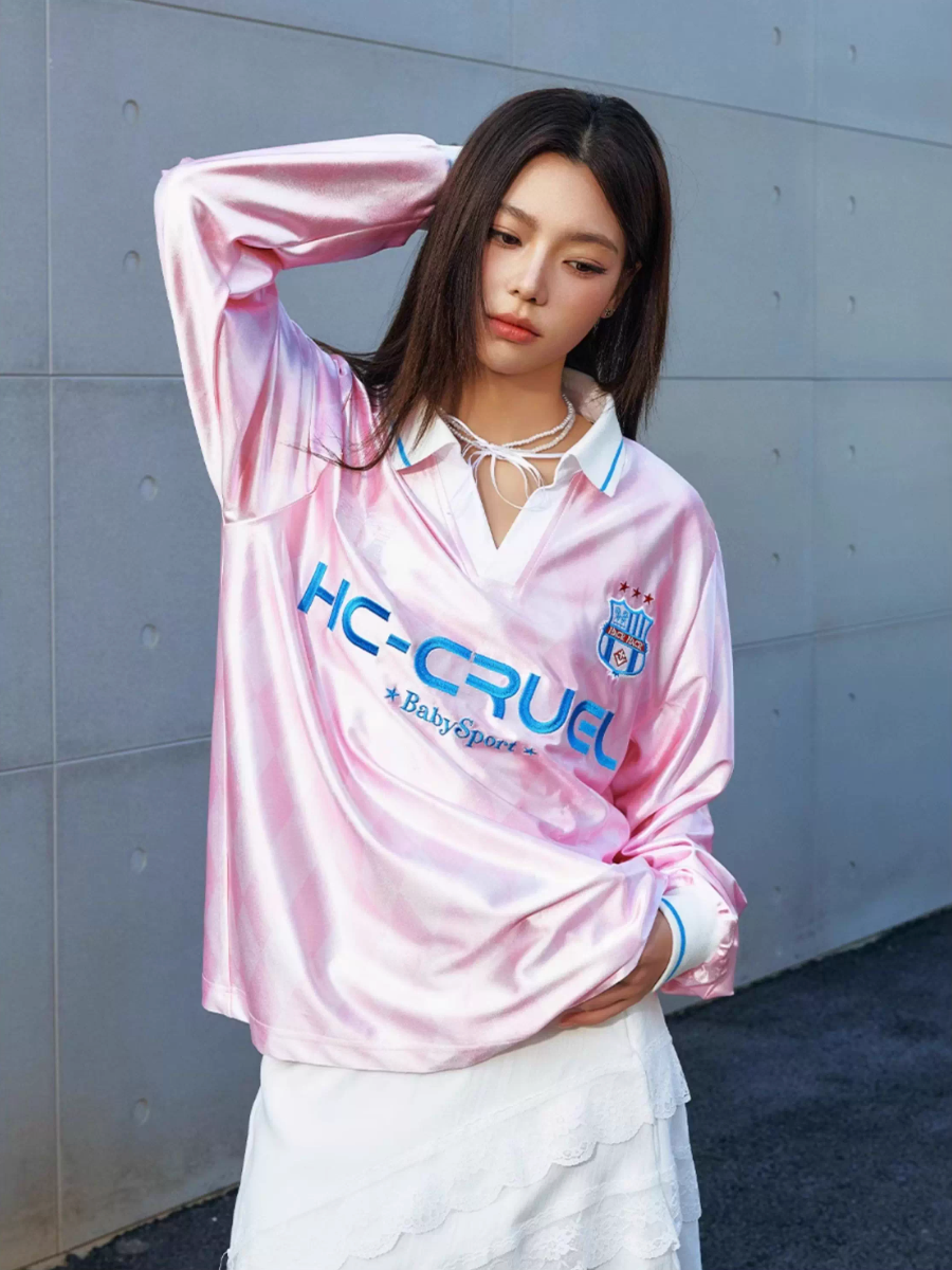 Harsh and Cruel Badge Embroidered Plaid Long Sleeve Polo Jersey