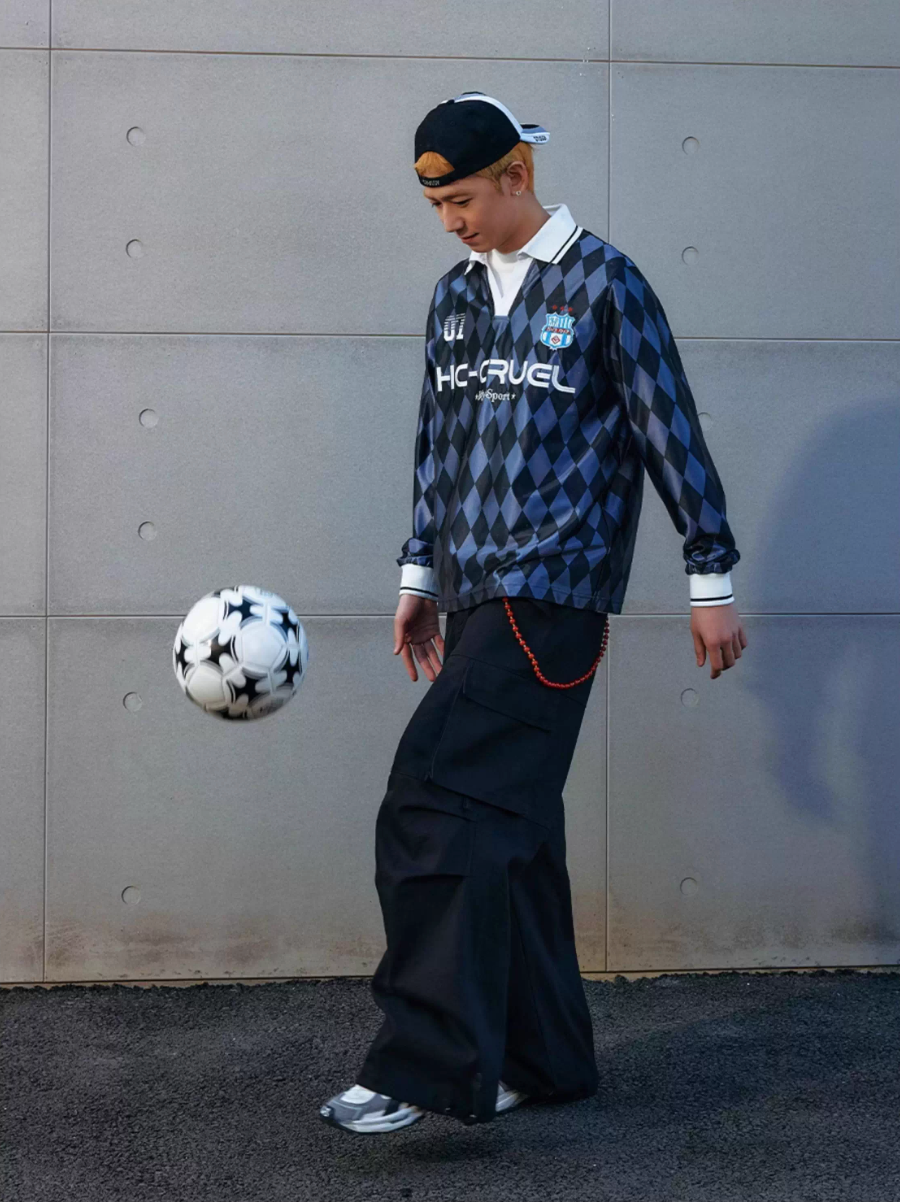 Harsh and Cruel Badge Embroidered Plaid Long Sleeve Polo Jersey
